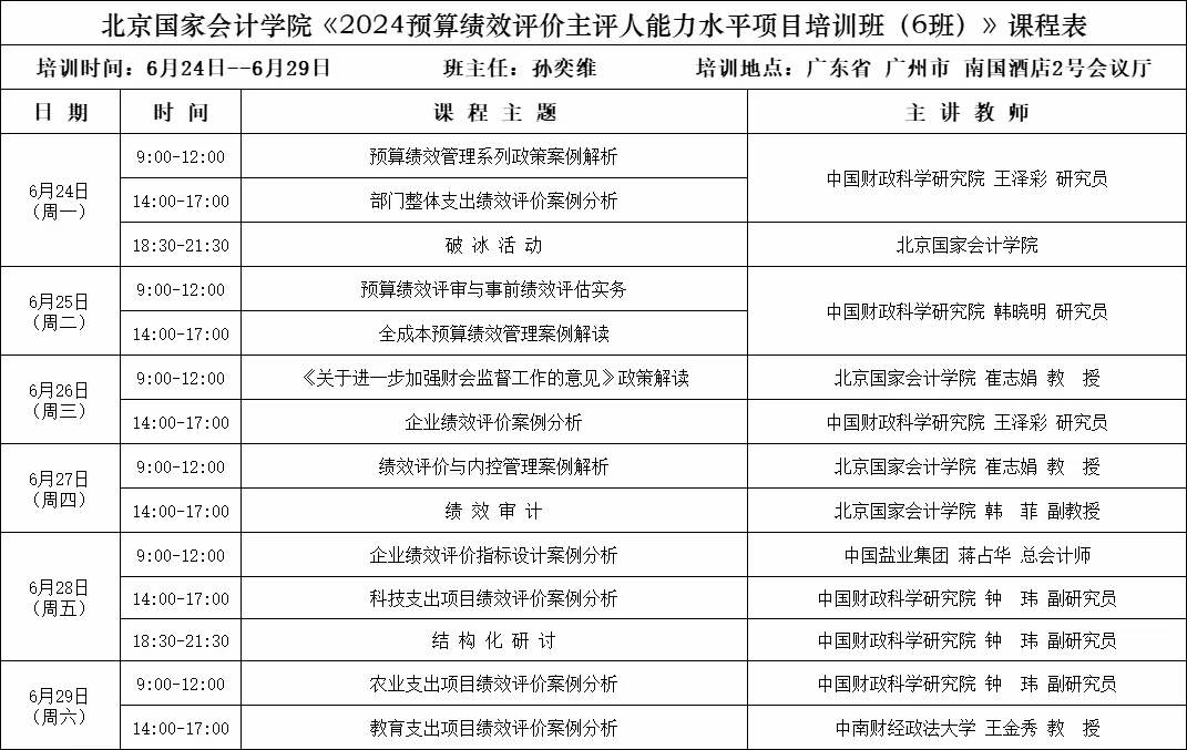 北京国家会计学院2024年绩效评价主评人广州面授班