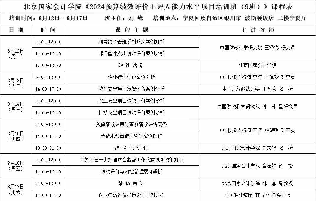 预算绩效评价主评人（2024.9班）面授通知银川班